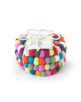 set of 4 colorful pom coasters tied with twine and friendsheep label