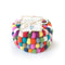 set of 4 colorful pom coasters tied with twine and friendsheep label