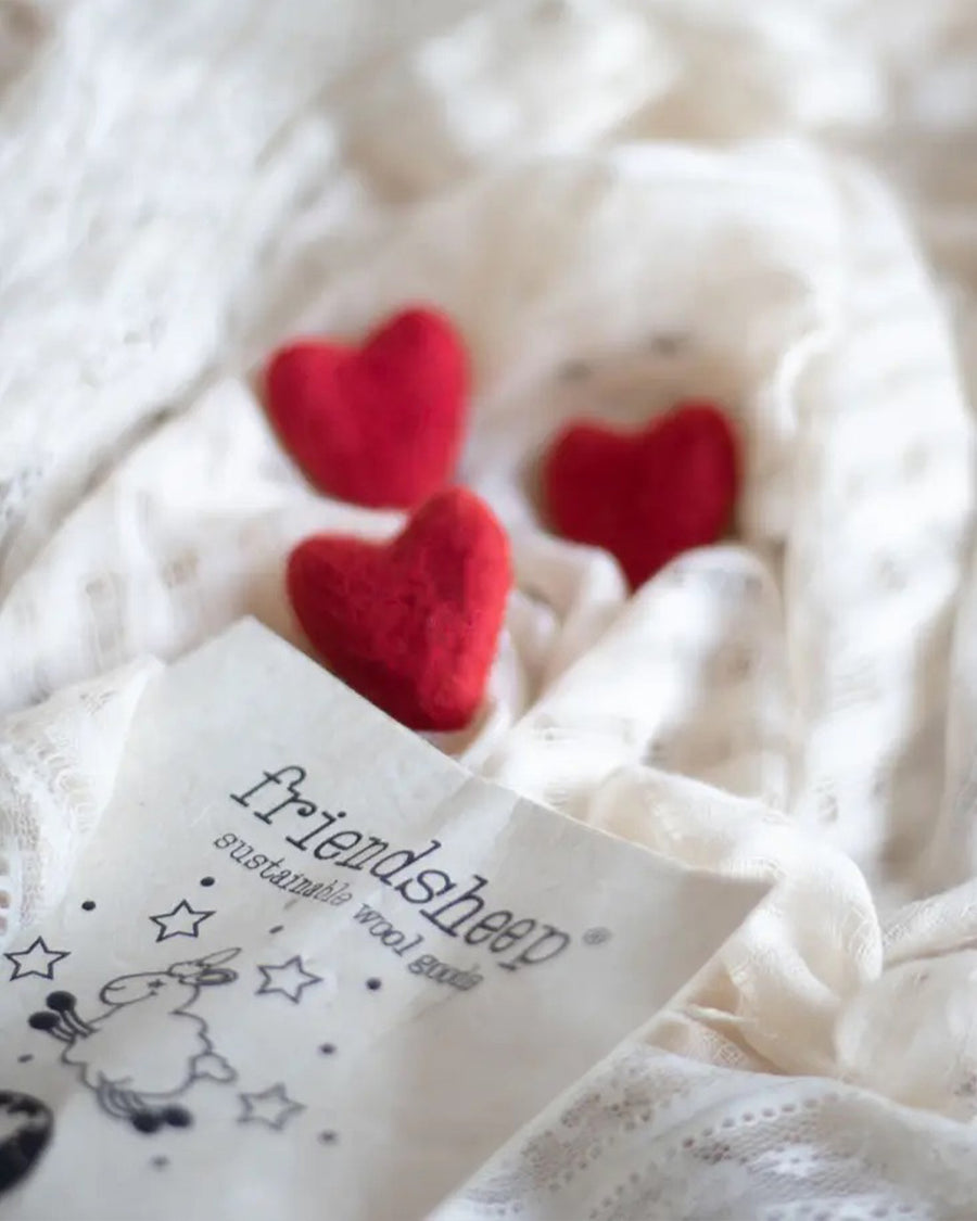 3 heart shaped wool eco fresheners with cotton drawstring bag