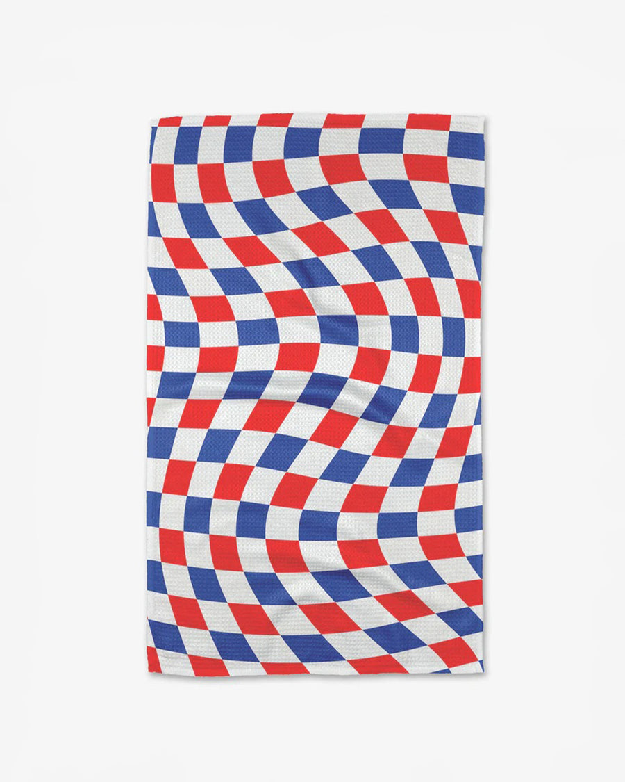 blue, red and white trippy checker tea towel
