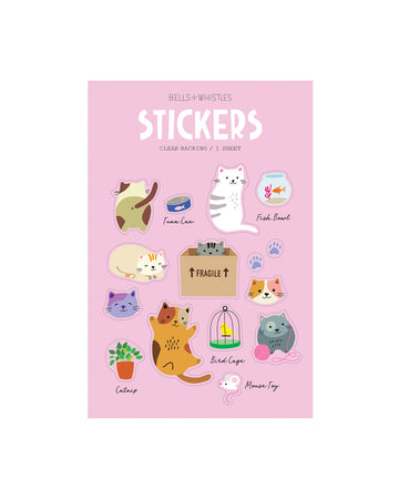 clear backing sticker sheet with various cats and cat toys
