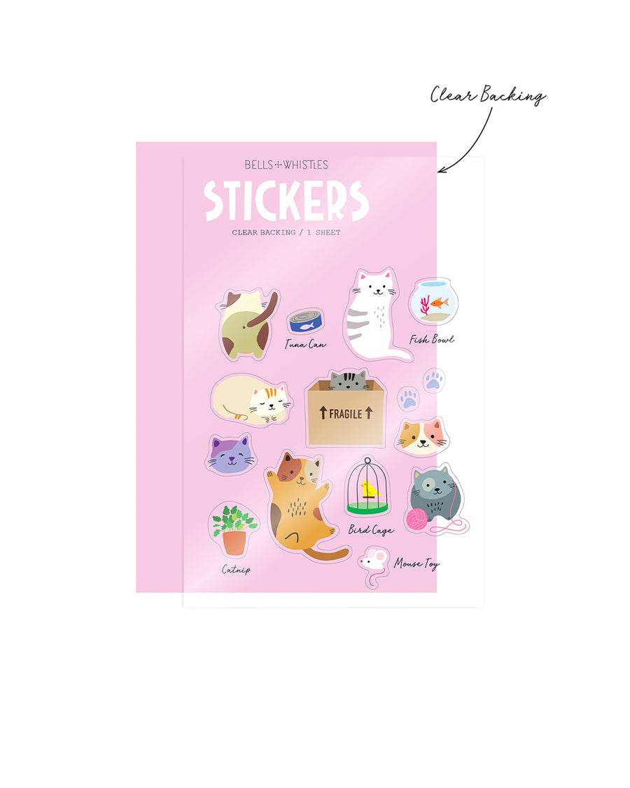 sticker sheet with various cats and cat toys and showing that each sticker has a clear backing 