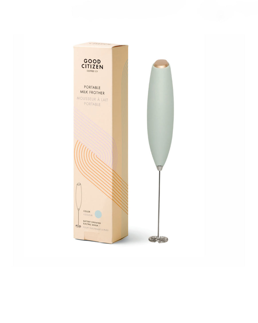 mint electric milk frother with gold accents