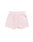 backview of powder pink shorts with front seam detail and pockets
