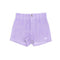 purple shorts with front seam detail and pockets
