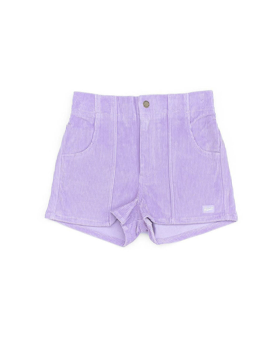 purple shorts with front seam detail and pockets