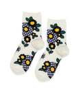 pair of ivory crew socks with vintage blue and black flower design