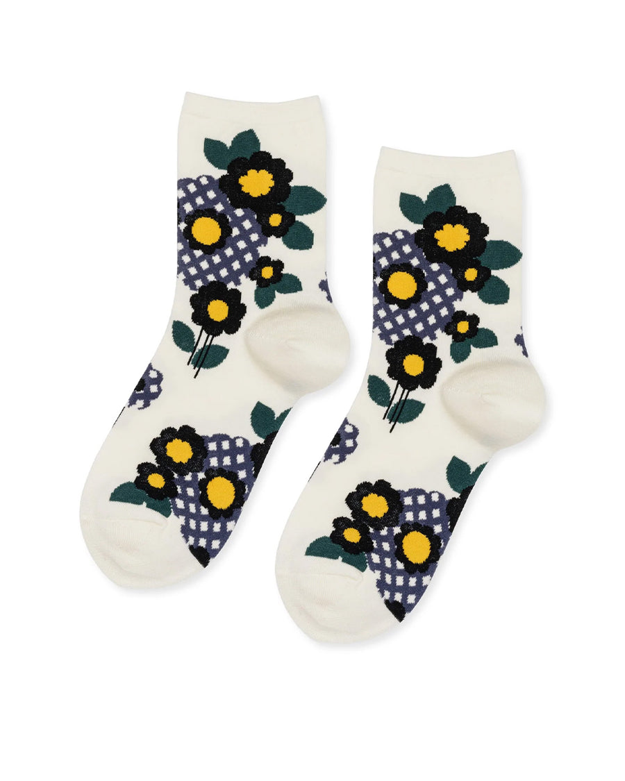 pair of ivory crew socks with vintage blue and black flower design