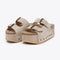 platform suede slide sandals with thick straps and metal buckle closures in taupe