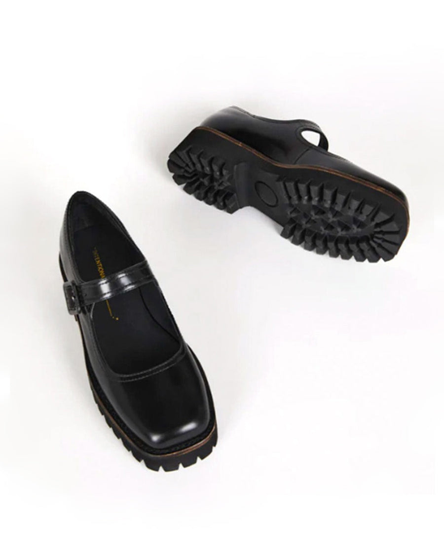 top and bottom view of chunky black mary jane shoes