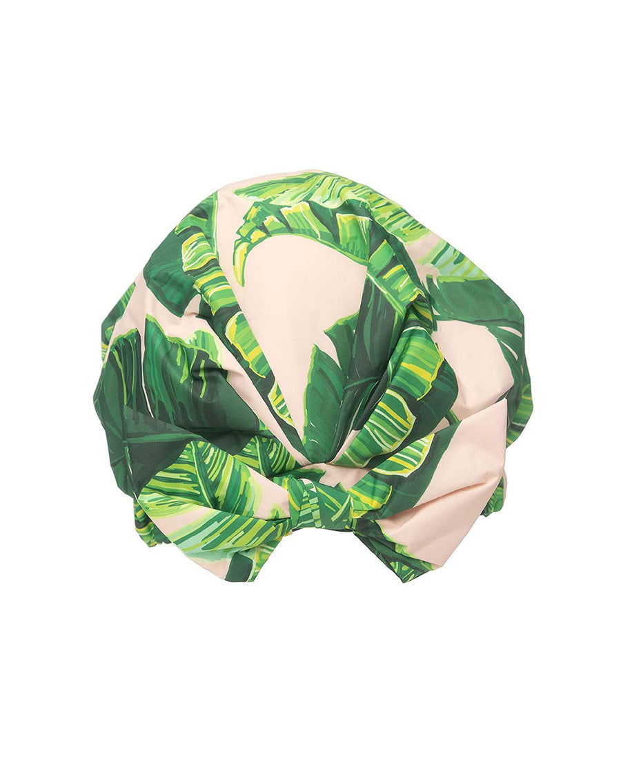 shower cap with tie front and all over palm print