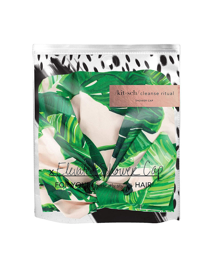 packaged shower cap with all over palm print