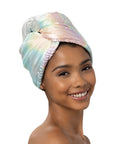 model wearing aura satin wrapped microfiber hair towel