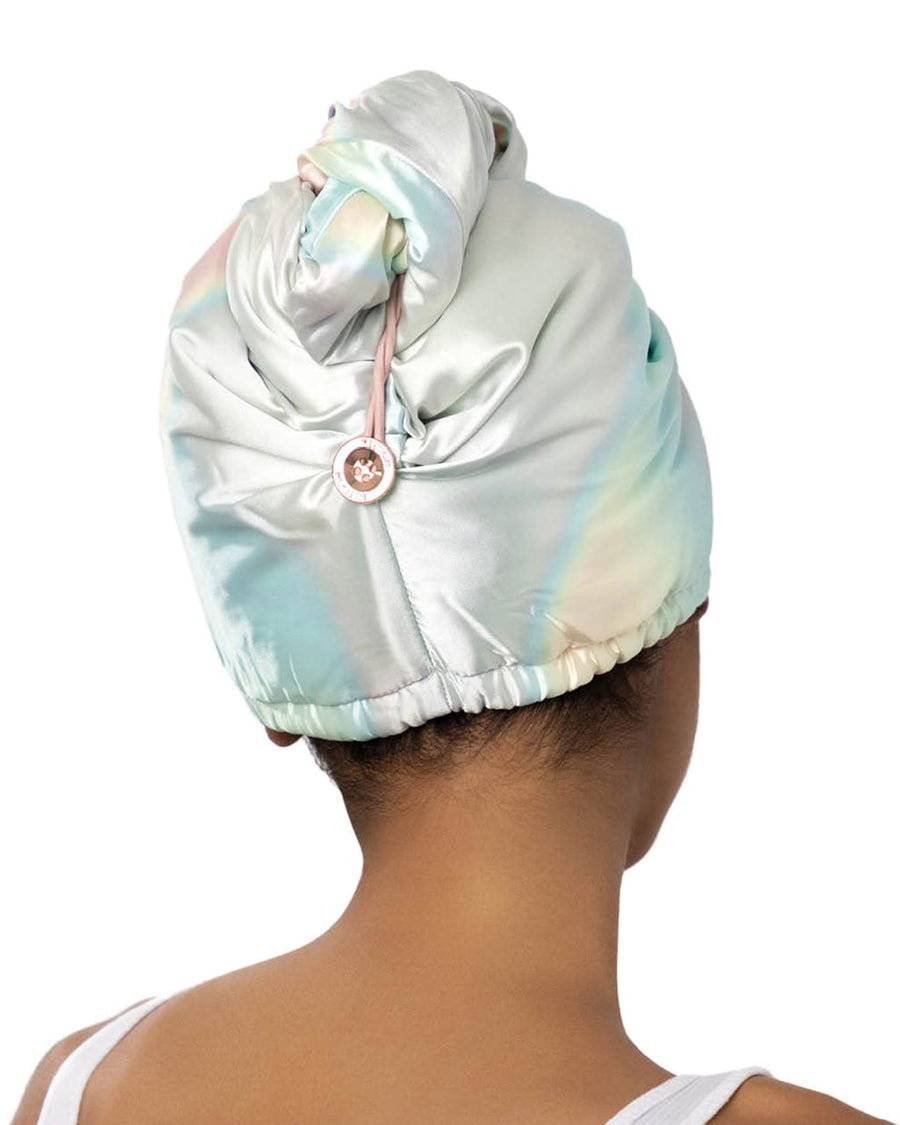 back view of model wearing aura satin wrapped microfiber hair towel