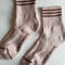 light pink socks with burgundy stripe accents