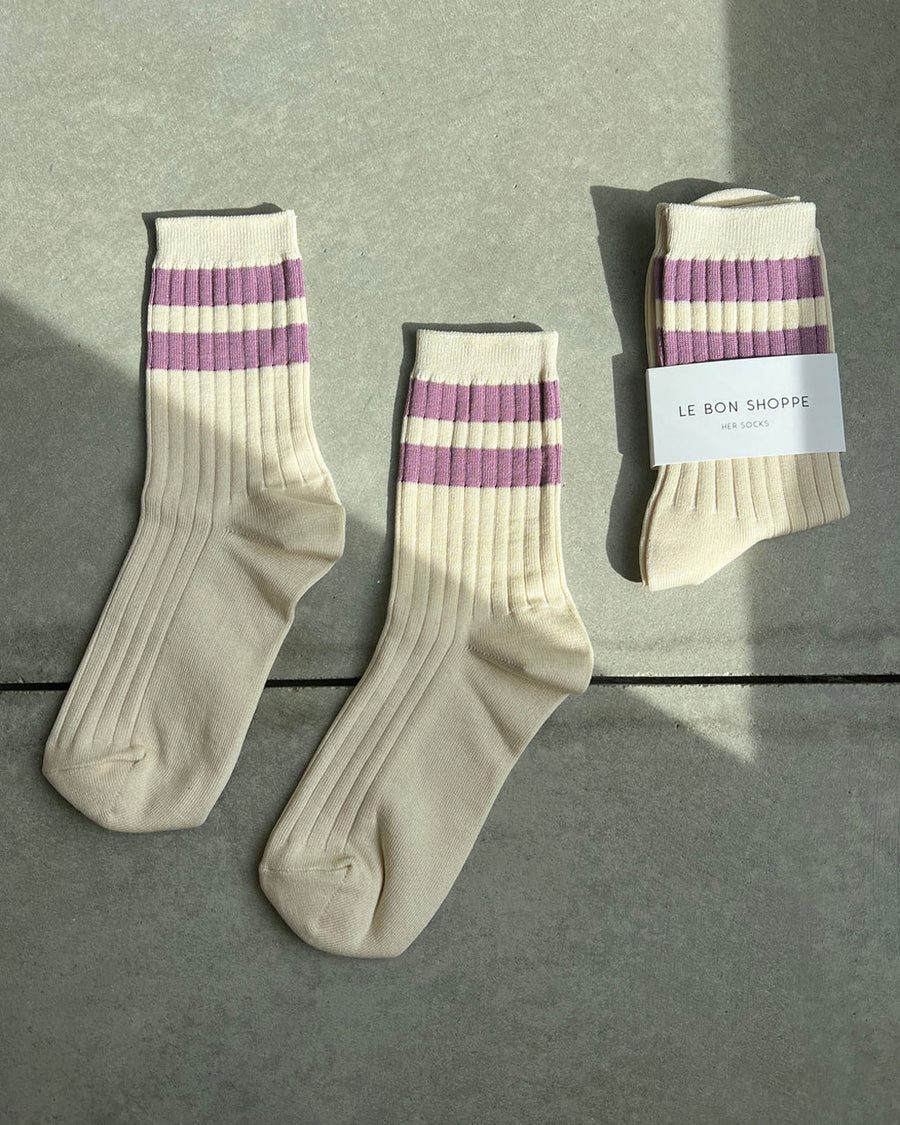 white varsity socks with azalea double stripe