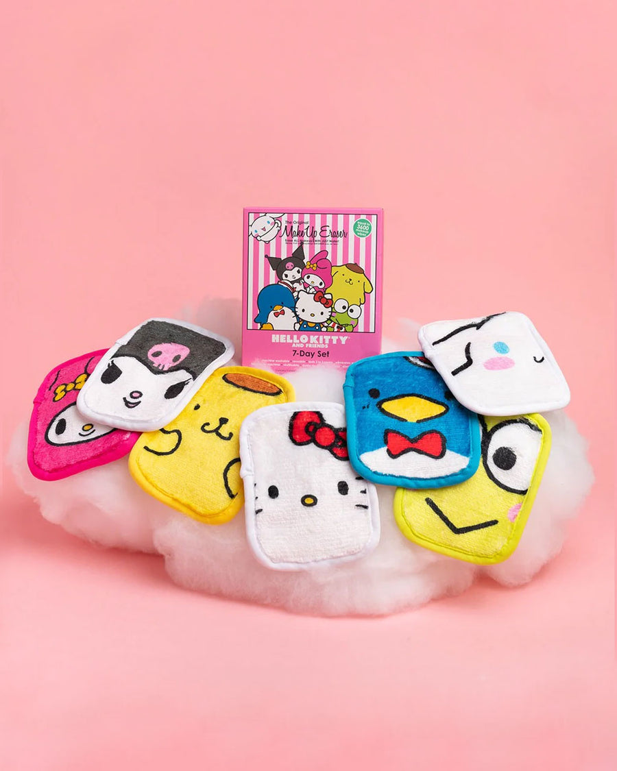 set of 7 makeup erasers with hello kitty and friends faces and wash bag on a cloud