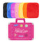 lay down image of set of 7 multicolor makeup eraser clothes and hot pink box shaped like a suitcase