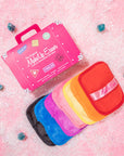 set of 7 multicolor makeup eraser clothes and hot pink box shaped like a suitcase