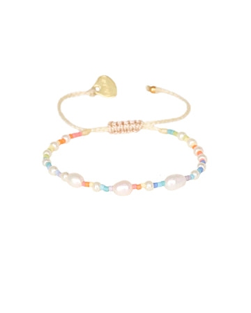 gold adjustable bracelet with pearl and small multicolor beads