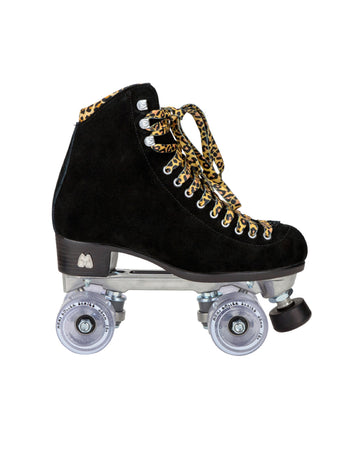 side view of black suede roller skate with leopard print accents