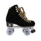 side view of black suede roller skate with leopard print accents