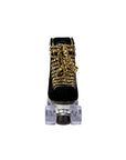 front view of black suede roller skate with leopard print accents