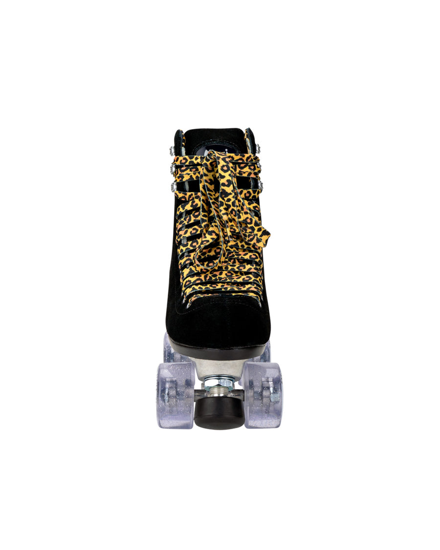 front view of black suede roller skate with leopard print accents