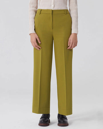 avocado green trousers with front pleats and wide legs