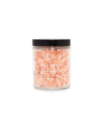 This Replenishing Salt Soak by Palermo comes in a clear glass jar with black lid.