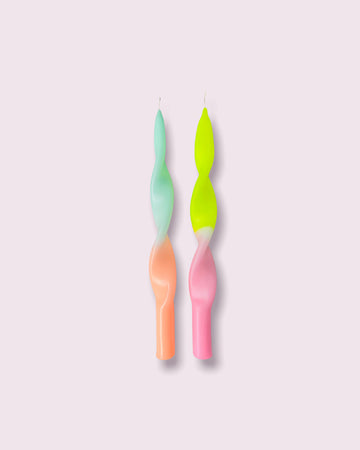 2 mint/coral and neon yellow/pink swirl taper candles