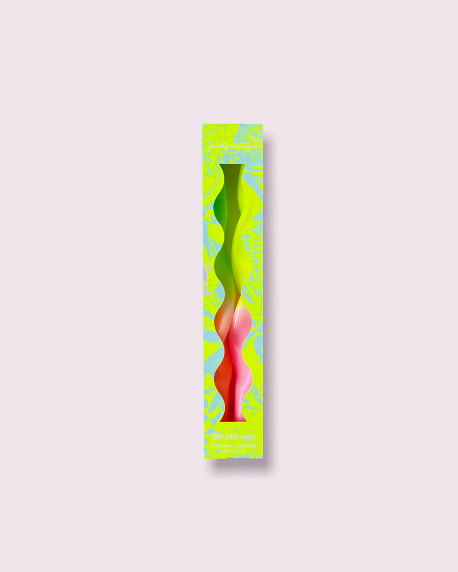 packaged set of 2 mint/coral and neon yellow/pink swirl taper candles