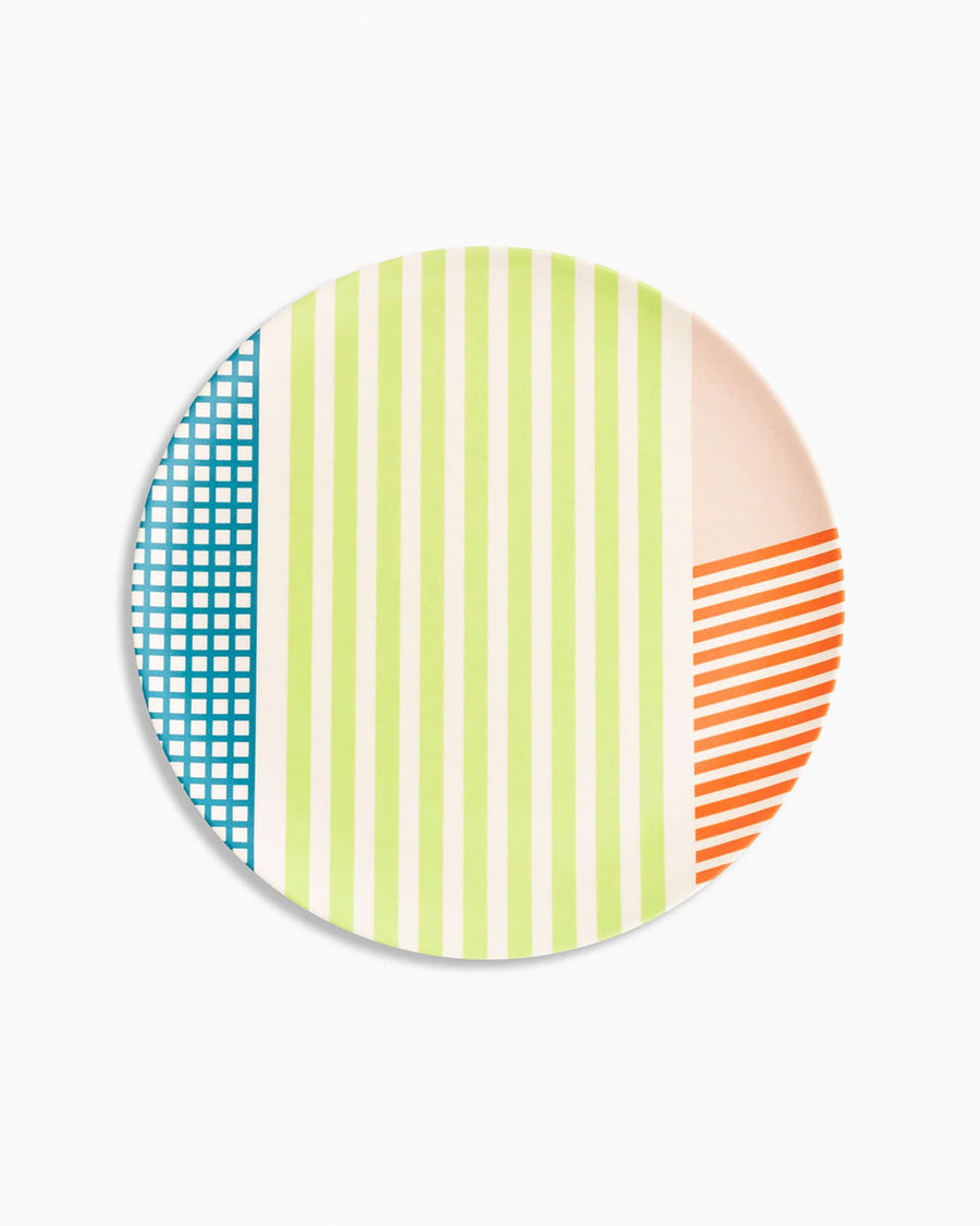bamboo salad plate with various colorful angles and lines