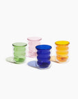 set of 4 double walled Borosilicate cup with clear outer cup and tubular inner cup in green, pink, blue, amber yellow