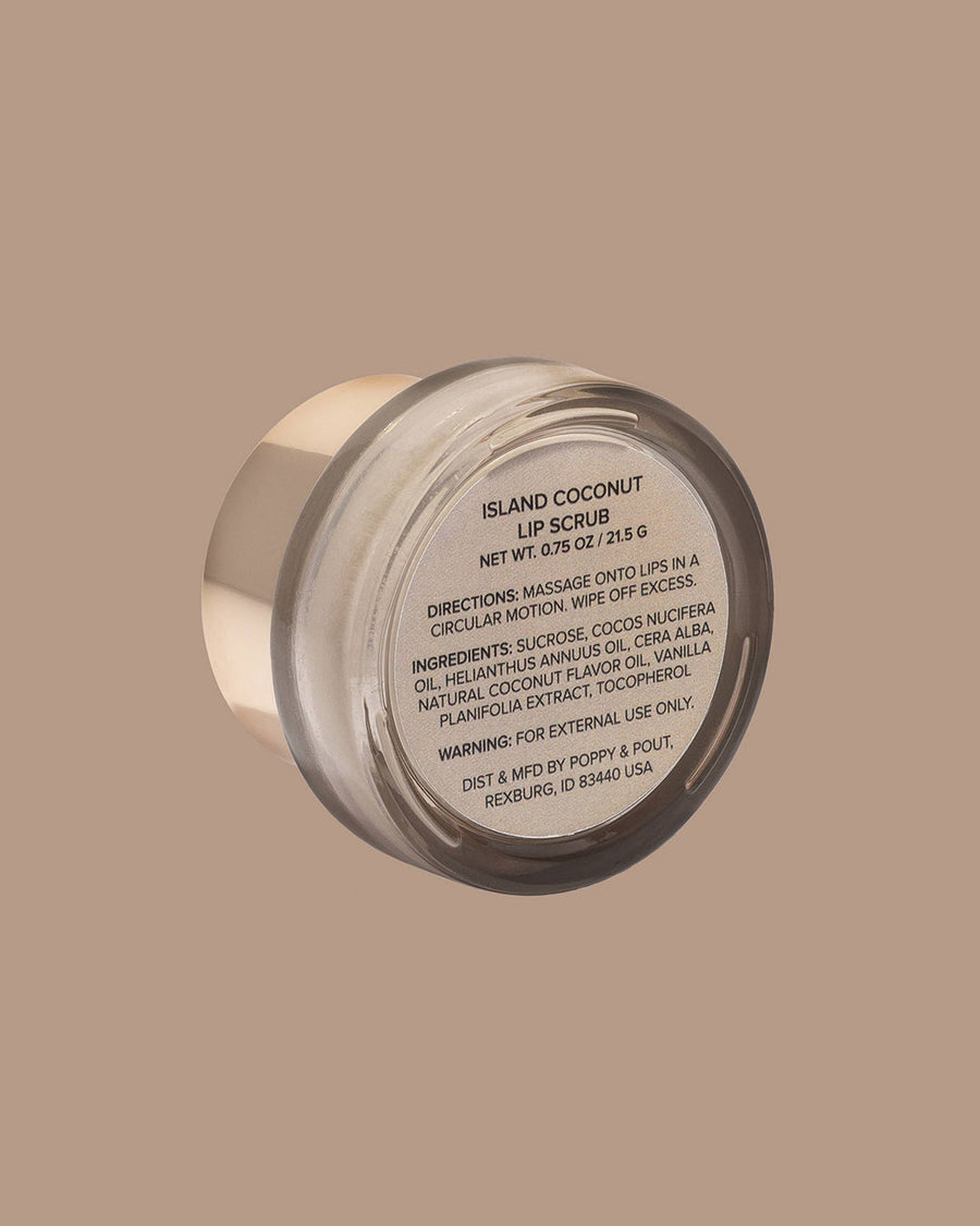 bottom of lip scrub jar with size, directions, and ingredients