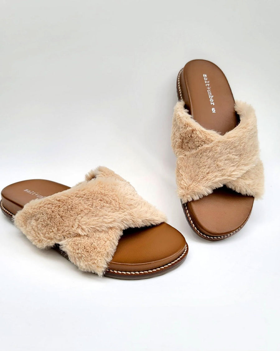 brown slip on sandals with tan fuzzy straps