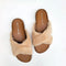 top view of brown slip on sandals with tan fuzzy straps