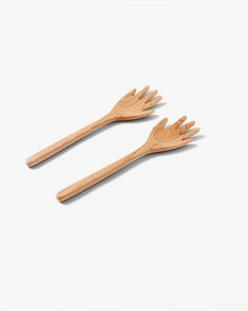 set of two hand shaped serving forks in oil beech