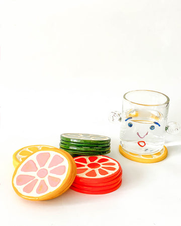 set of 4 coasters with grapefruit, orange, lemon and lime slice shape