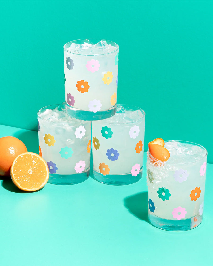 set of 4 colorful daisy print rock glass set