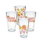 four pint glasses with groovy flowers on two, and the sayings 'good times' and 'great vibes' on the other two