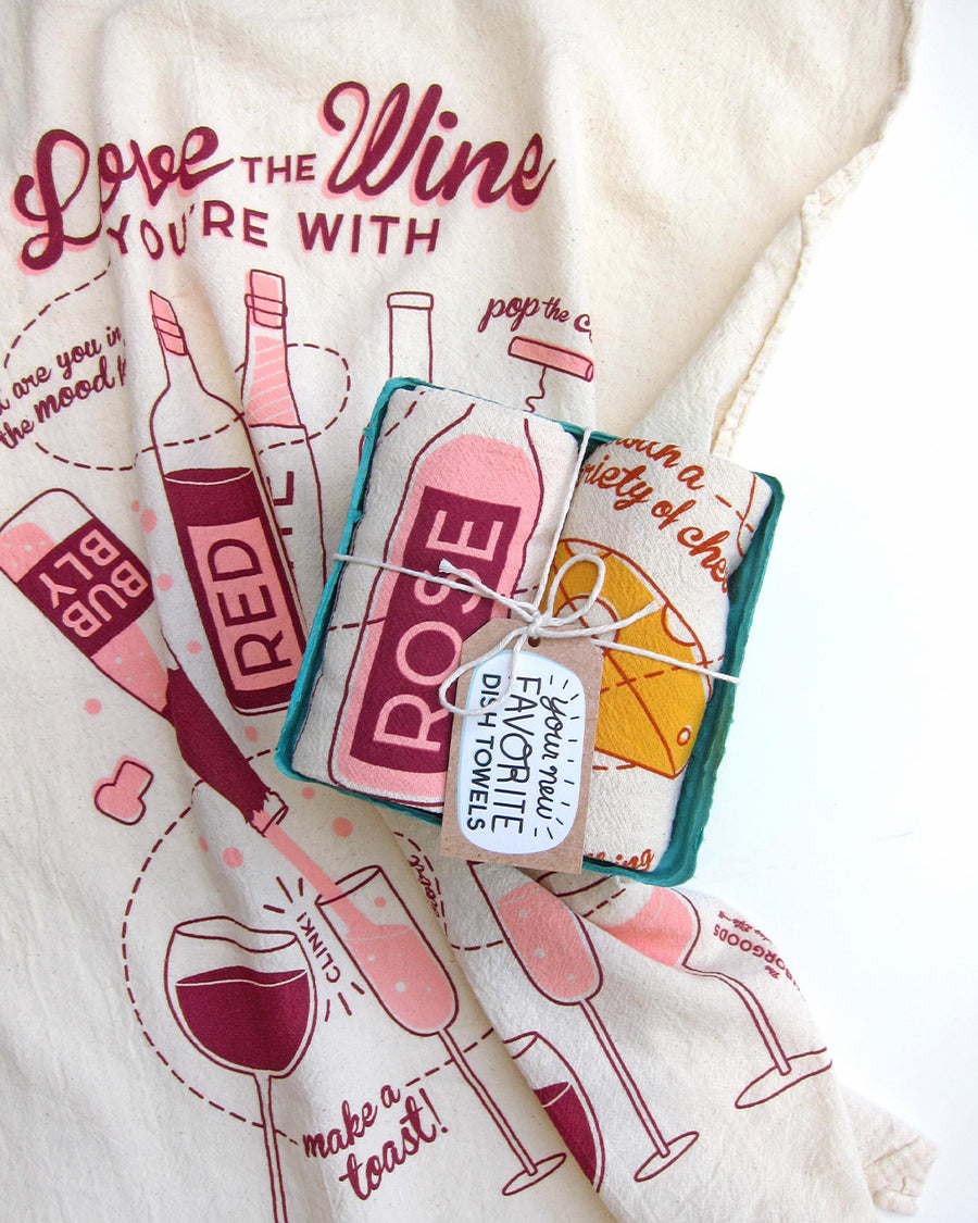 two dish towel set: wine themed and cheese themed