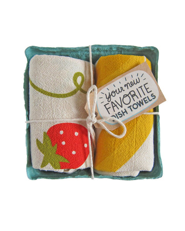 set of two cotton dish towels with red + yellow strawberry and banana prints