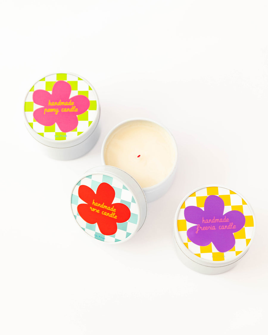 set of three candles in peony, rose and freesia