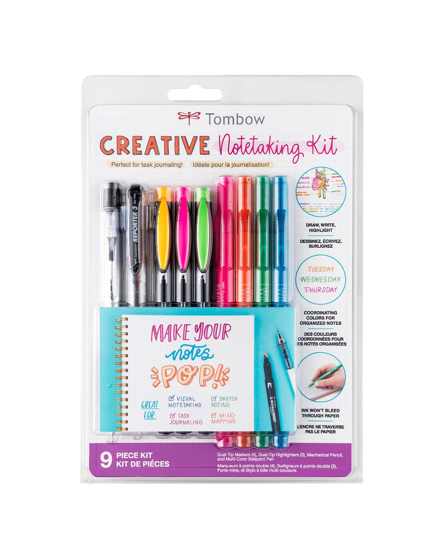 packaged creative notetaking kit with dual tip markers, dual tip highlighters, mechanical pencil and multi-color ballpoint pen