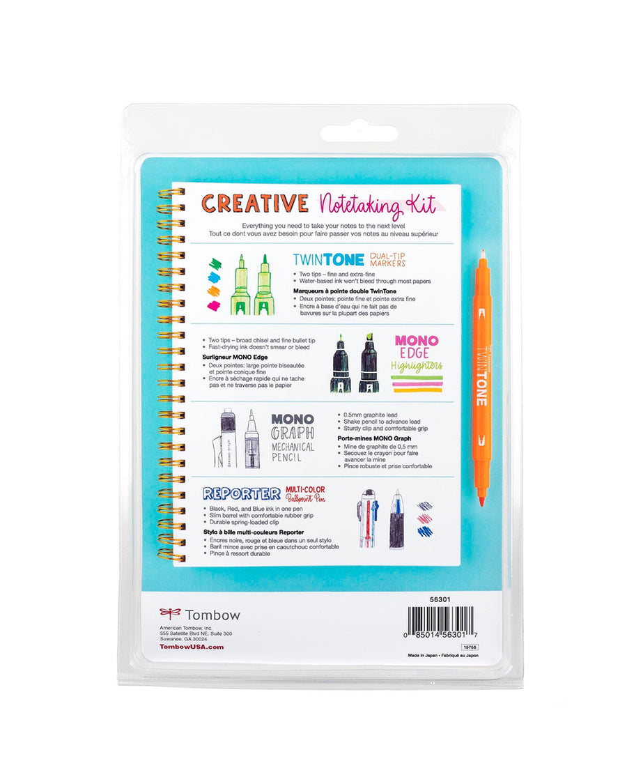 back view of packaged creative notetaking kit with dual tip markers, dual tip highlighters, mechanical pencil and multi-color ballpoint pen