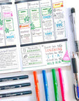 image of planner and dual tip markers, dual tip highlighters, mechanical pencil and multi-color ballpoint pen
