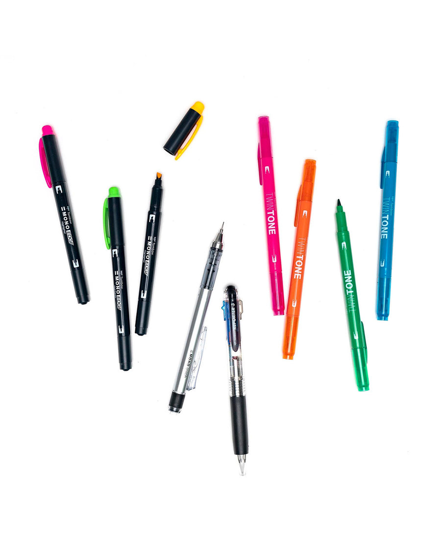 image of dual tip markers, dual tip highlighters, mechanical pencil and multi-color ballpoint pen