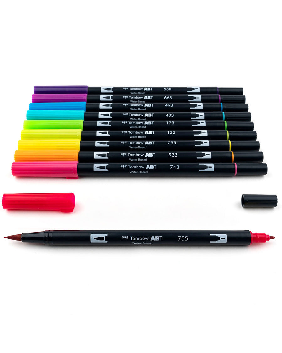 set of 10 dual brush pens in bright vibrant colors with dual end tips 