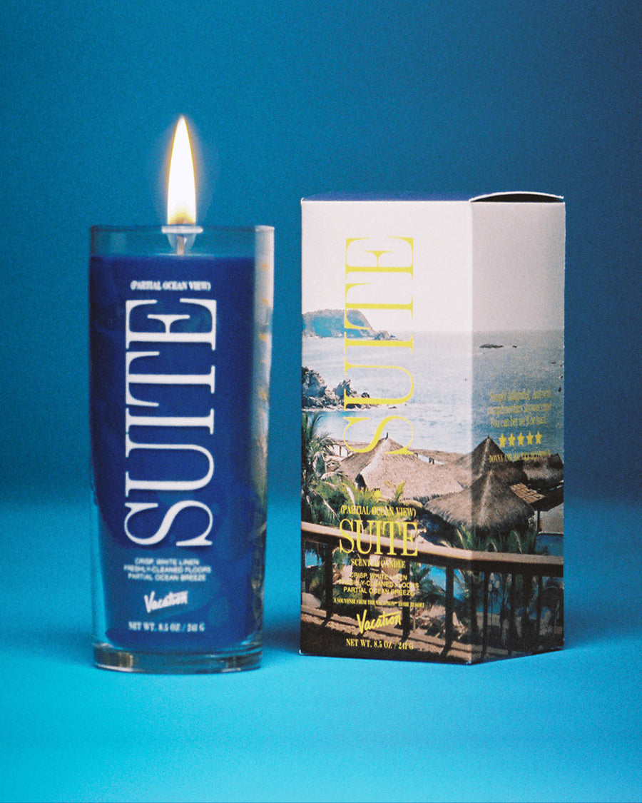 blue vacation sunscreen suite pillar candle and box